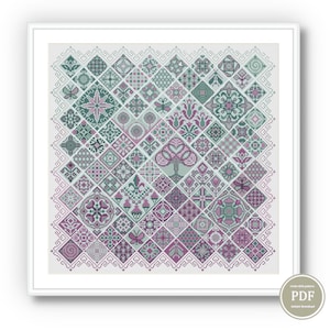 May include: A cross-stitch pattern featuring a variety of geometric designs in shades of green and purple. The pattern is arranged in a grid format and includes a central motif of a tree.
