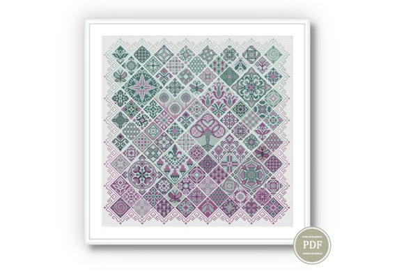 Preview of Geometric Garden Cross Stitch Sampler PDF – Folk Tile Embroidery Pattern – Pastel Patchwork DIY Chart – Instant Digital Download Design 96 by NARAxStitchPatterns