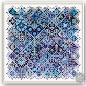 ブルーモザイククロスステッチサンプルPDF、幾何学模様のフォークガーデン刺繍パターン、エスニックタイルDIYチャート、インスタントモダンデジタルダウンロード349