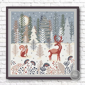 Cross Stitch Pattern PDF Winter, Deer Scandinavian, Winter Village Cross stitch, Winter House Cross Stitch