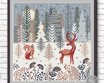 Cross Stitch Pattern PDF Winter, Deer Scandinavian, Winter Village Cross stitch, Winter House Cross Stitch