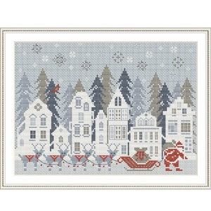 Christmas Town Cross Stitch Pattern – Santa Claus and Reindeer Winter Sampler PDF, Primitive Christmas Village Embroidery Digital Download