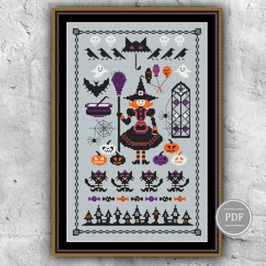 Halloween Witch Cross Stitch Pattern – Spooky Sampler PDF, Witch Embroidery Design, Halloween Decor DIY, Instant Download, PatternKeeper 166