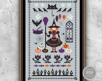 Whimsical Halloween Witch Cross Stitch Pattern PDF, Black Cat Sampler, Crows Pumpkins Bats, Spooky Folk Art Download 166