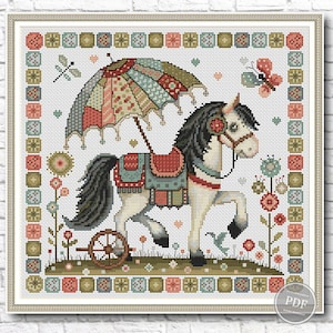 Whimsical Horse Cross Stitch Pattern #2 - Nursery Decor, Horse with Umbrella, Funny Baby Design, Digital PDF Instant Download 485