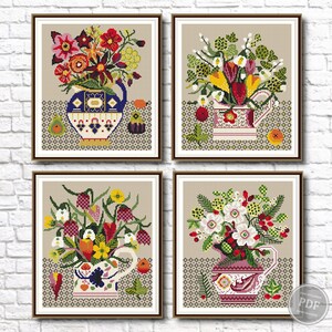 Cross stitch Set 4 patterns Flower vase PDF, cross stitch, Beautiful bouquet, Instant design download. Digital PDF