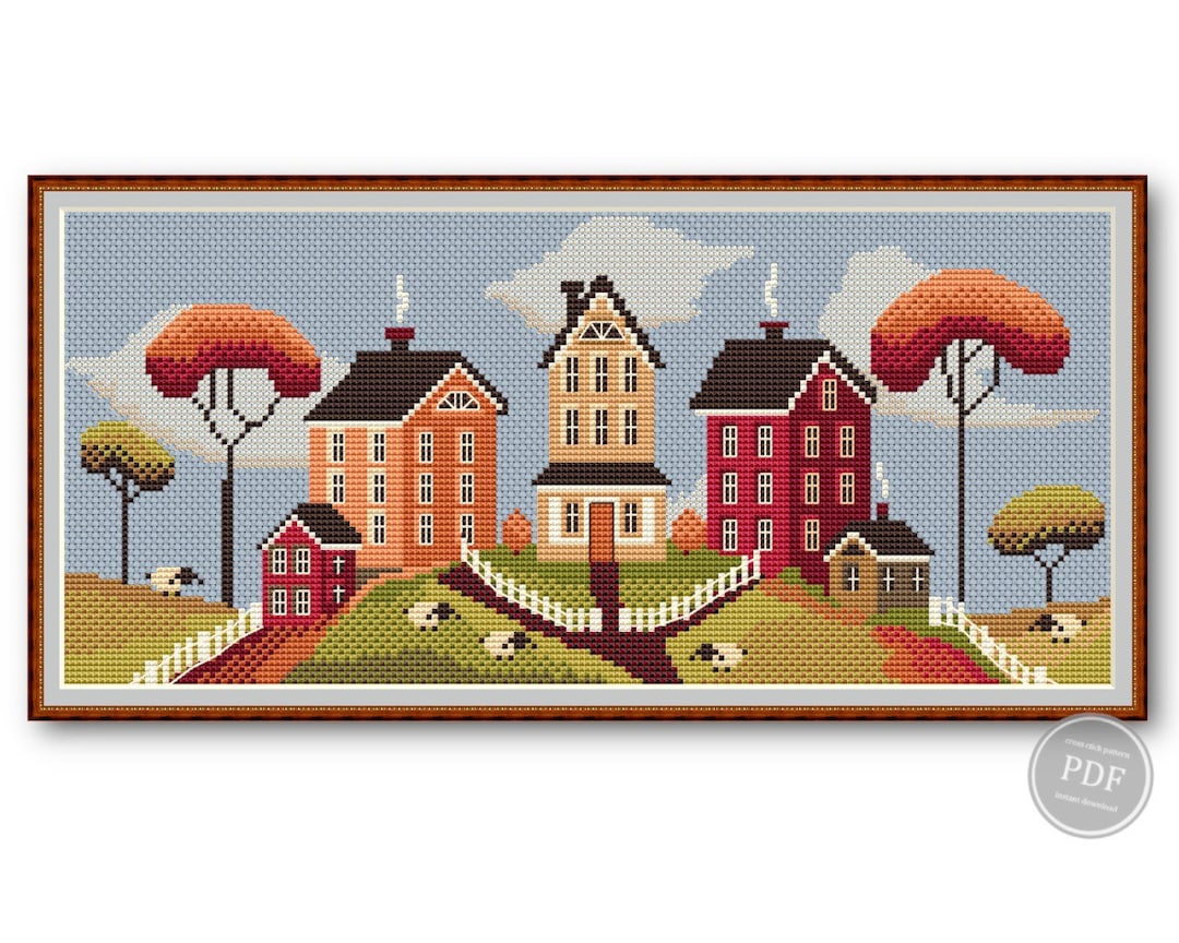 Autumn Village Cross Stitch Pattern PDF #4 - Fall Embroidery Sampler ...