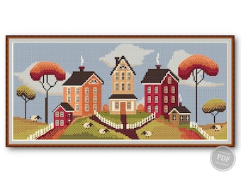 Autumn Village Cross Stitch Pattern PDF #4 - Fall Embroidery Sampler, Pumpkin Decor, Autumn Hill Design, Instant Download  File 358