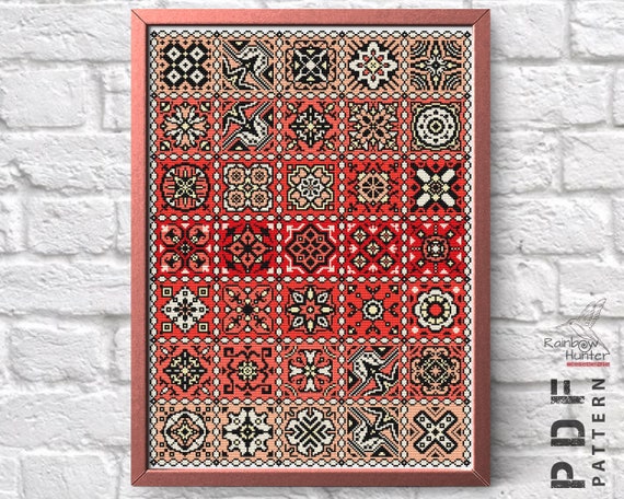 Preview of Patchwork Red Cross Stitch Sampler xstitch Squares Tile Quaker Pattern PDF Red gradient Geometric Folk cross stitch chart Simple by NARAxStitchPatterns
