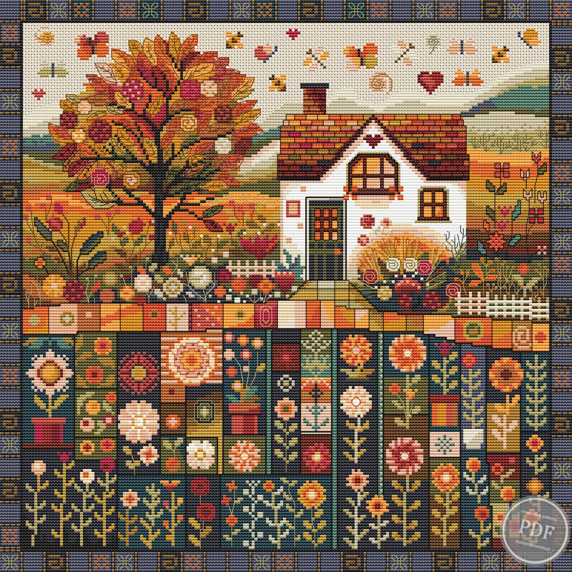 Autumn Village Cross Stitch PDF Pattern – Fall House Sampler, Fairytale ...