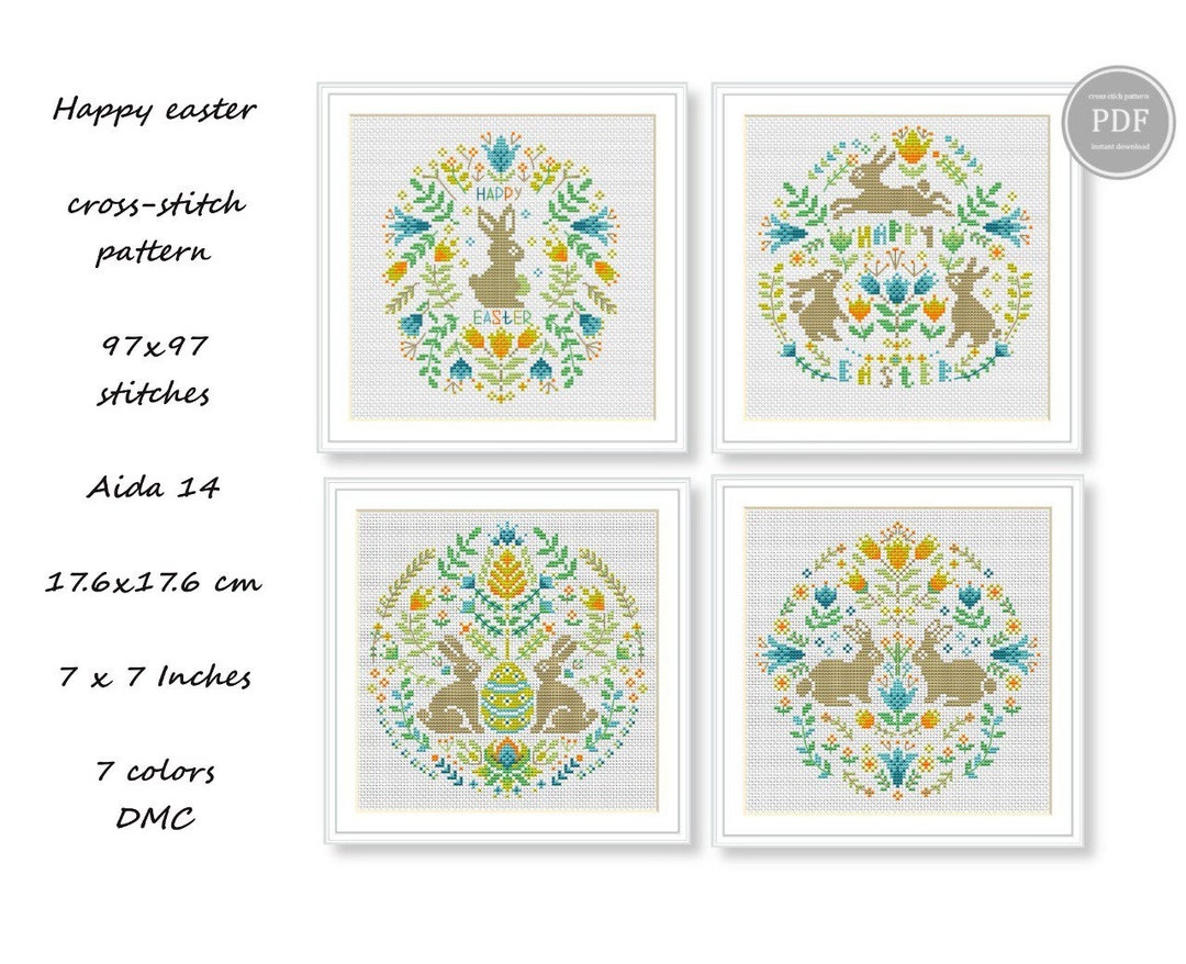 Happy Easter Cross Stitch Pattern Set - 4 Funny Bunny Designs, Easter ...