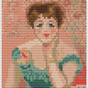 Tiny cross stitch chart of Renoir's portrait, designed for artistic and modern stitching enthusiasts.