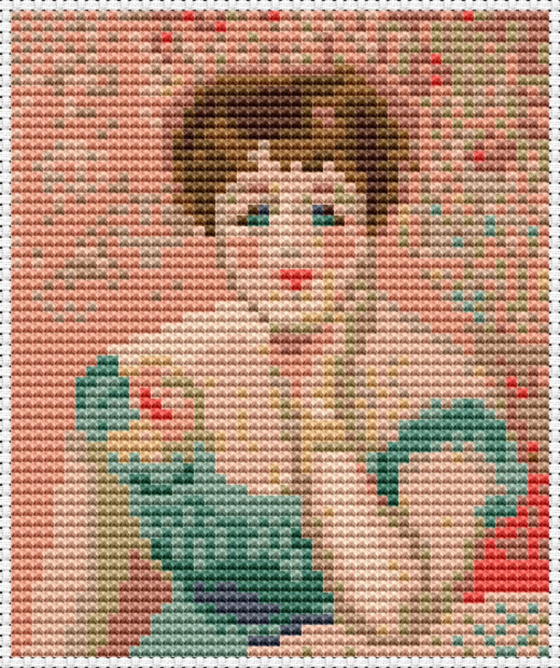 Tiny cross stitch chart of Renoir's portrait, designed for artistic and modern stitching enthusiasts.