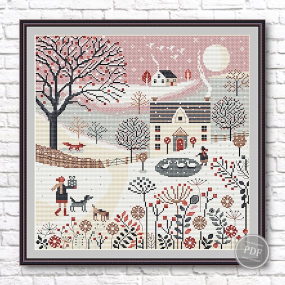 Preview of Winter Cross stitch pattern PDF Scandinavian cross stitch, Winter village. House in winter. Digital file of Scandinavian embroidery by NARAxStitchPatterns