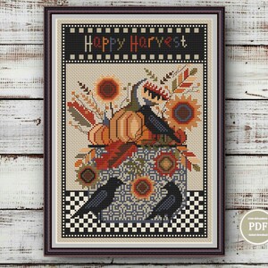 Cross Stitch Pattern Autumn Harvest Sunflowers Pumpkins and Crow Happy ...