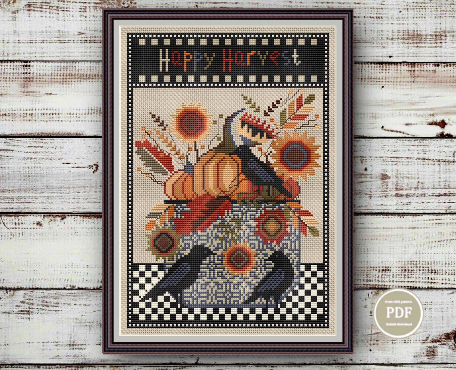 Cross Stitch Pattern Autumn Harvest Sunflowers Pumpkins and Crow Happy ...