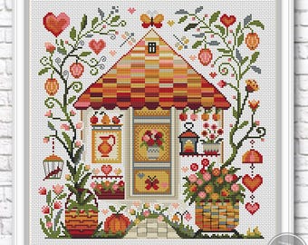 Padrão de ponto cruz em PDF: Casa de flores 4. Casa de fazenda primitiva com flores. Padrão de ponto cruz moderno. Casa de verão com corações 530