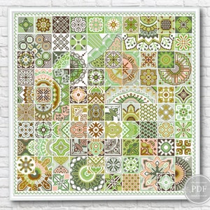 Muestrario de punto de cruz Quaker en PDF: Patrón de patchwork ornamental verde, gráfico de bordado de azulejos vintage, descarga digital instantánea 293