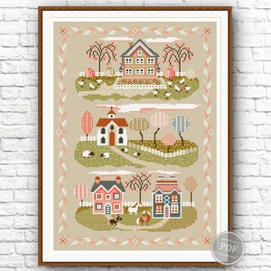 Sampler Spring Village Cross Stitch Pattern Embroidery Digital PDF File Instant Download