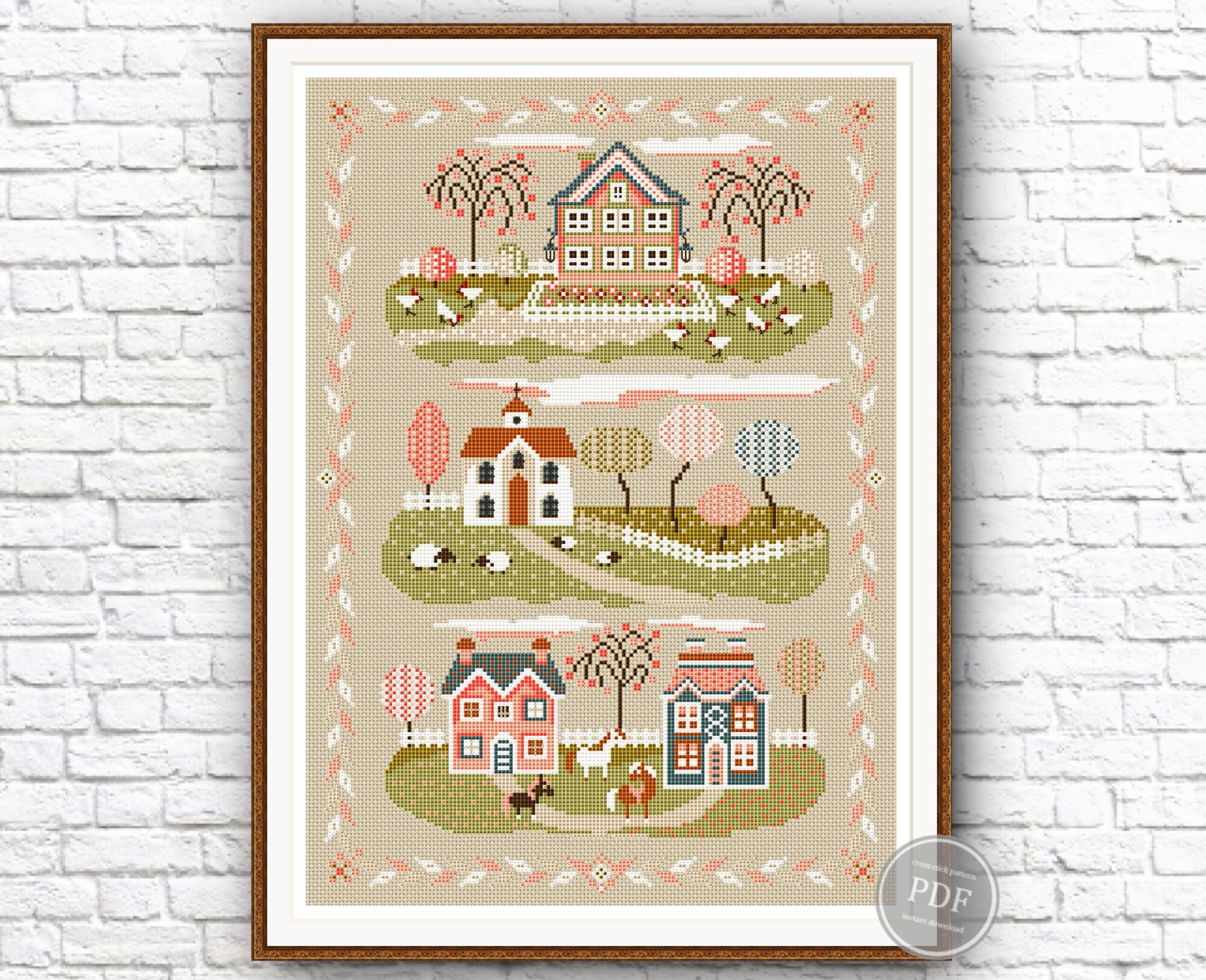 Sampler Spring Village Cross Stitch Pattern Embroidery Digital PDF File Instant Download