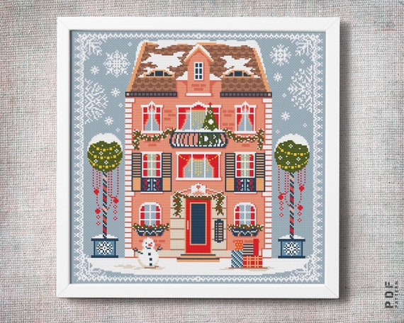 Preview of Cross stitch pattern Christmas house Winter cross stitch Simple embroidery Winter ornament snowflakes cross stitch chart PDF by NARAxStitchPatterns