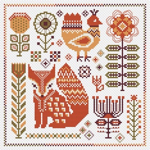 Scandinavian Cross Stitch Pattern Fox and Deer – Primitive Forest Sampler, Beginner Animal Embroidery, Modern PDF Instant Download 151