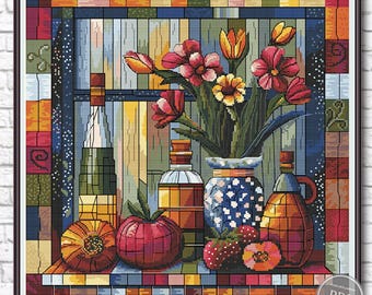 Padrão PDF de ponto cruz de natureza morta - Buquê de cozinha em vitral com flores e frutas, PDF moderno em ponto cruz, download instantâneo 541