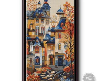 Gráfico em PDF de Ponto Cruz Cidade de Outono, Cidade de Outono de Conto de Fadas, Bordado de Paisagem Urbana de Outono, Ponto Cruz Casa Vintage, Gráfico em PDF 560