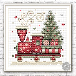 Schema punto croce per trenino natalizio, ricamo invernale per le feste, sampler natalizio primitivo, schema PDF moderno, download immediato 543