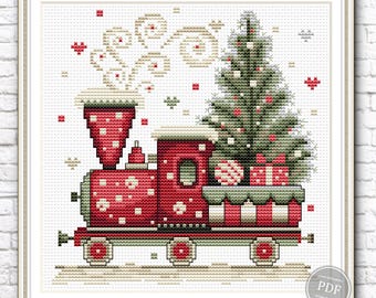 Padrão de Ponto Cruz de Trem de Natal, Bordado de Inverno Festivo, Amostra de Natal Rústica, Gráfico Moderno em PDF, Download Instantâneo 543