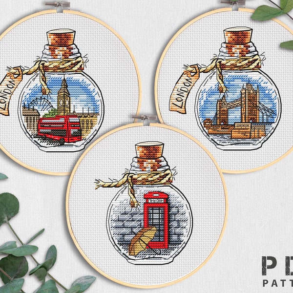 London cross stitch Set of 3, Bottle cross stitch pattern PDF, Red telephone box  Routemaster London Bridge Counted Cross Stitch Chart