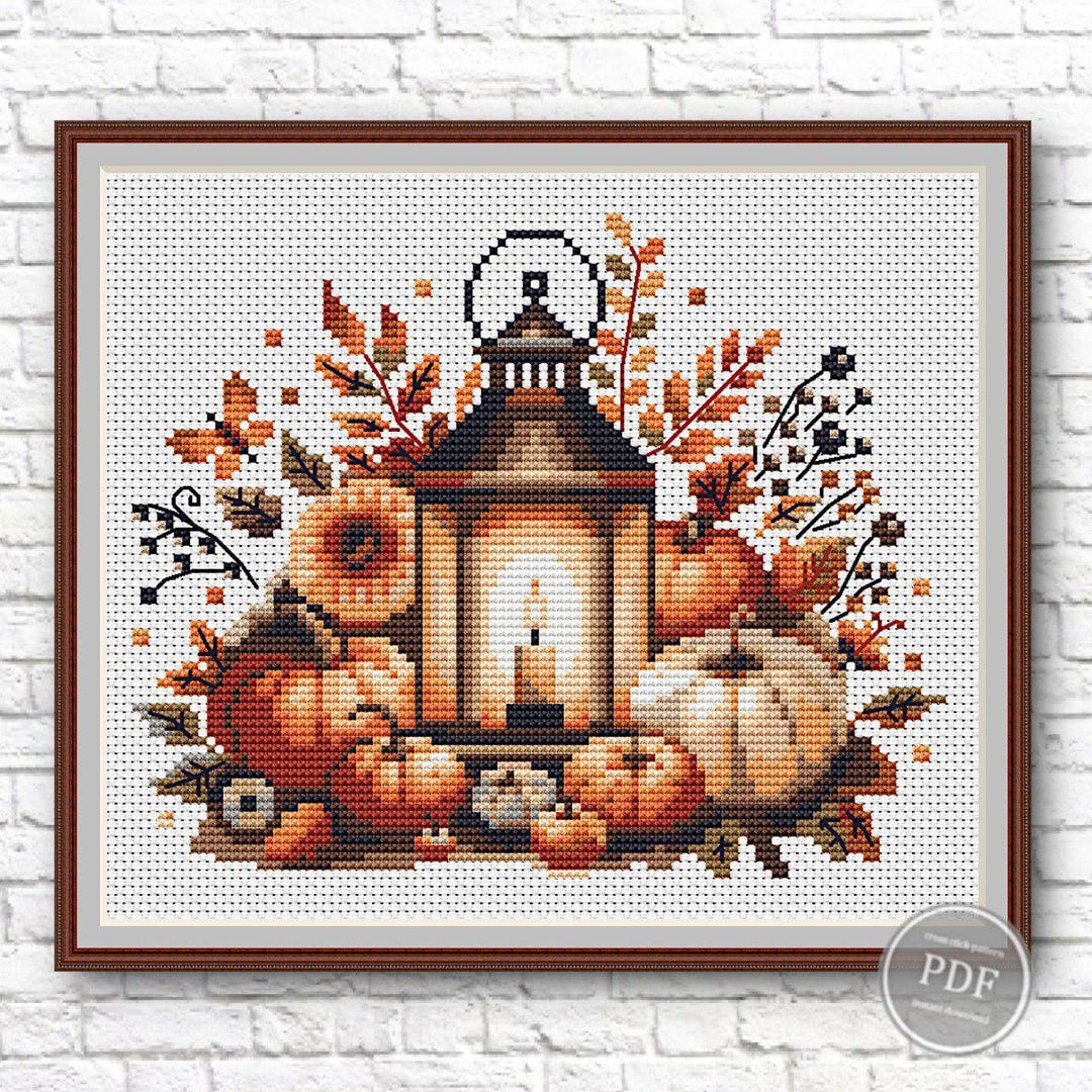 Autumn Harvest Cross Stitch Pattern Pumpkins Lantern, Fall Happy ...