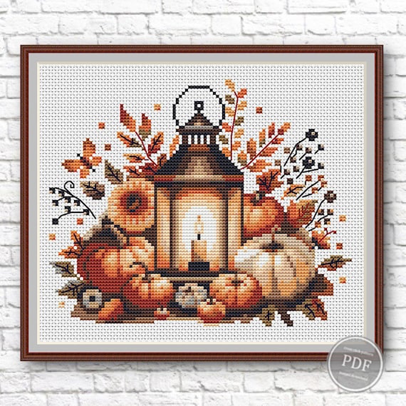Preview of Autumn Harvest Cross Stitch Pattern Pumpkins Lantern, Fall Happy Halloween Sampler PDF File Compatible with Pattern Keeper Instant Download by NARAxStitchPatterns
