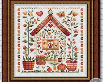 Padrão de ponto cruz: Casa de flores 1. Flor primitiva. Casa de fazenda. Amostra moderna. Padrão de ponto cruz. Casa de verão com corações. PDF digital.