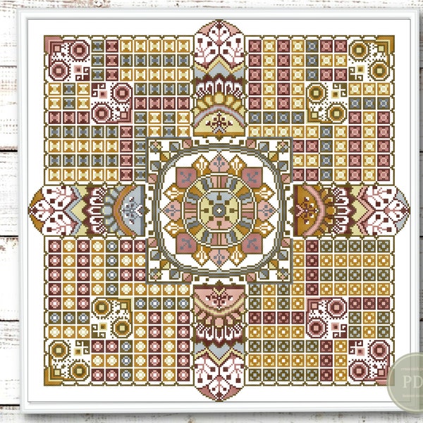 Sampler Cross Stitch Patchwork Geometric Oriental Squares Ocher - Ethnic Folk Art Design PDF Scorecard
