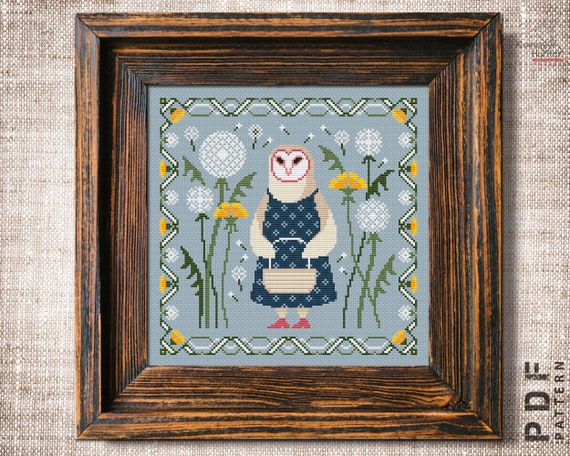 Preview of Cute Owl sampler cross stitch pattern PDF Flowers sampler Dandelion cross stitch chart Simple embroidery Owl cross stitch Primitive by NARAxStitchPatterns