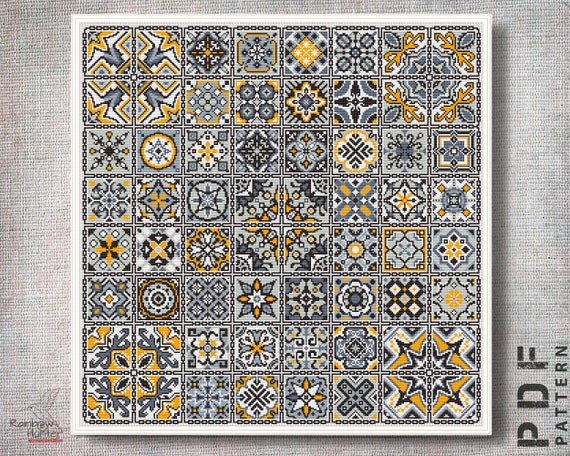 Preview of Squares Patchwork Cross stitch pattern Geometric Folk cross stitch chart Gray Tile Sampler Quaker xstitch Pattern PDF Easy embroidery by NARAxStitchPatterns