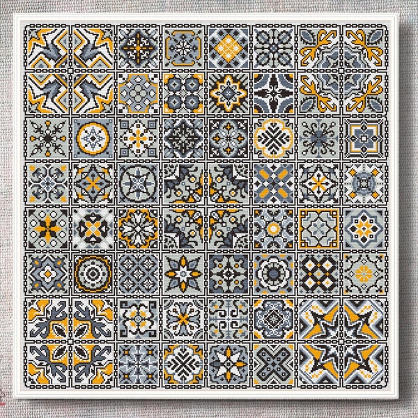 Squares Patchwork Cross stitch pattern Geometric Folk cross stitch chart Gray Tile Sampler Quaker xstitch Pattern PDF Easy embroidery