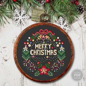 Merry Christmas Wreath Cross Stitch Pattern – Holiday Embroidery PDF, Festive Wall Decor, Modern Christmas Hoop Art, Instant Download 255