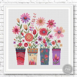 Modernes Blumen Kreuzstich PDF Muster - Bunter Blumenstrauß #1 in Töpfen PDF, zeitgenössische Stickerei, Sofortdownload #522