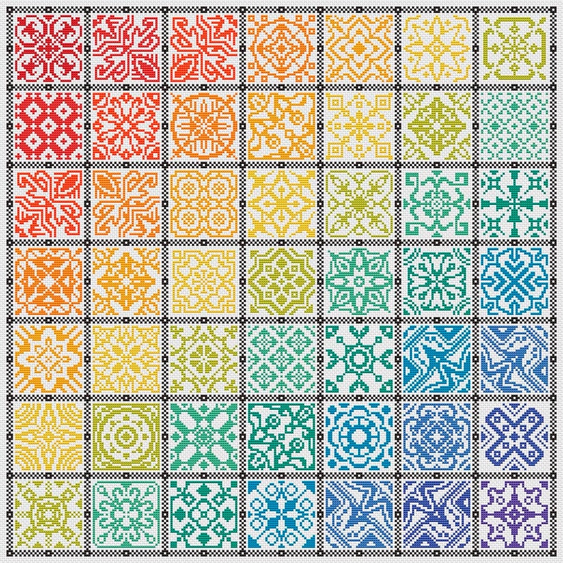 Może przedstawiać: Kolorowy zestaw 36 wzor&oacute;w haftu krzyżykowego z geometrycznymi wzorami w tęczy kolor&oacute;w. Wzory są ułożone w siatkę, a każdy wz&oacute;r jest otoczony czarną ramką.