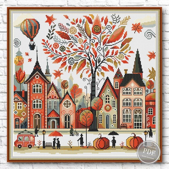 Preview of Cross stitch pattern Autumn town, Fairytale town for cross stitch, Autumn house for cross stitch, Vintage cross stitch, Digital PDF 476 by NARAxStitchPatterns