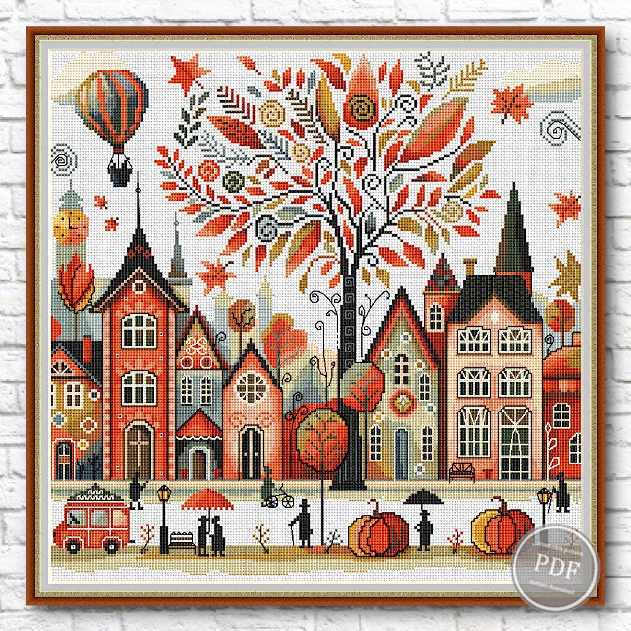 Cross stitch pattern Autumn town, Fairytale town for cross stitch, Autumn house for cross stitch, Vintage cross stitch, Digital PDF 476