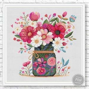 Boeketbloemen #2 kruissteekpatroon pdf – moderne bloemenborduurontwerp, roze bloemen in vaas, grafiek direct downloaden 523