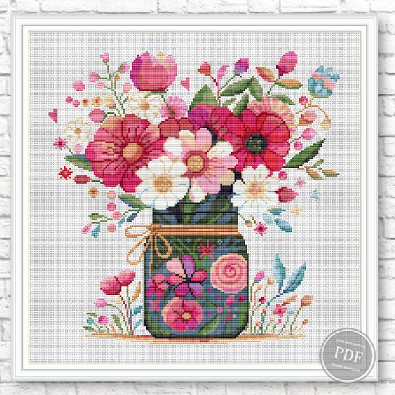 Preview of Bouquet Flowers # 2 Cross Stitch Pattern PDF – Modern Floral Embroidery Design, Pink Flowers in Vase, Instant Download Chart 523 by NARAxStitchPatterns