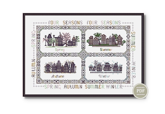 Preview of Cross Stitch Pattern Four Seasons Sampler - Geometric Patchwork Tiles, Folk Art Ethnic Design, Seasonal Home Decor PDF Digital Chart #111 by NARAxStitchPatterns