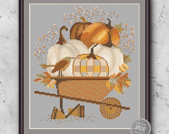 Autumn Cross Stitch Pattern PDF – Big Pumpkins Harvest, Halloween Sampler, Thanksgiving Decor, Fall Embroidery, Instant Download 368