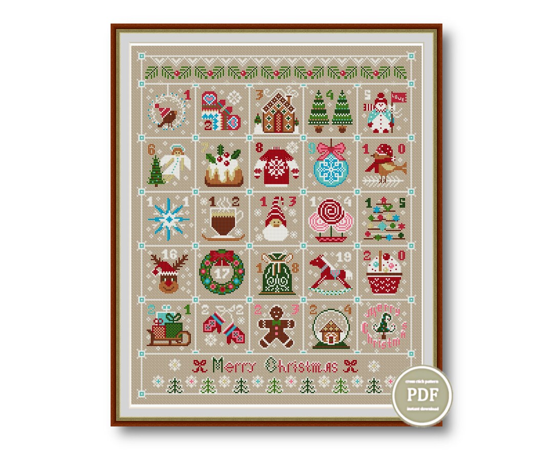 Christmas Advent Calendar Cross Stitch PDF Merry Christmas Pattern