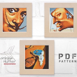 May include: Three framed cross-stitch patterns featuring famous Salvador Dali paintings. The patterns are titled "The Persistence of Memory", "The Face of War", and "The Hallucinogenic Toreador".