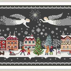 Merry Christmas Cross Stitch Pattern, Sampler Christmas Angels, Merry Christmas Houses Primitive Pattern PDF Digital File 251 image 2